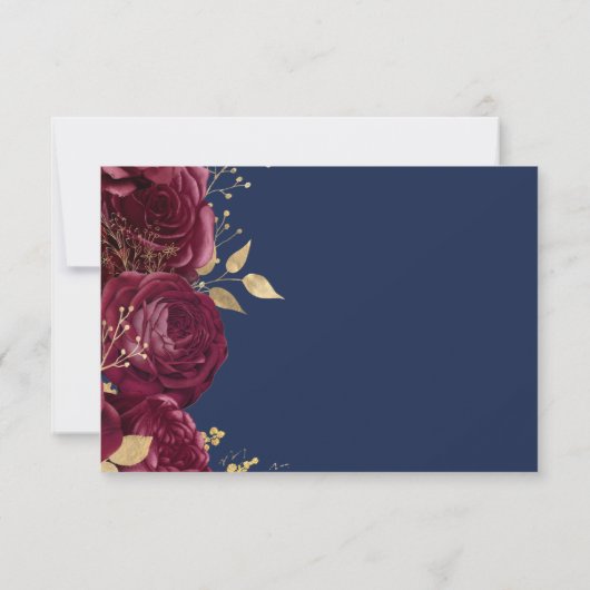 Burgundy Gold Floral Script Navy Blue Wedding 出欠カード (裏面)