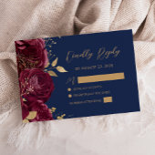 Burgundy Gold Floral Script Navy Blue Wedding 出欠カード