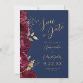 Burgundy Gold Floral Script Navy Save the Date 案内状 (正面)