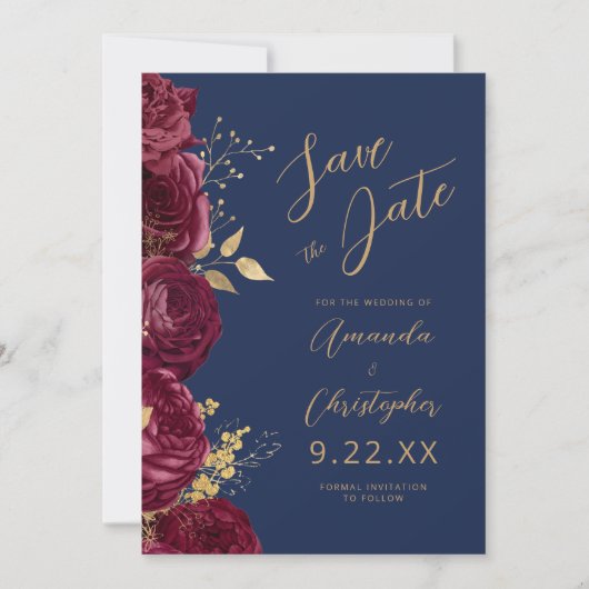 Burgundy Gold Floral Script Navy Save the Date 案内状 (正面)