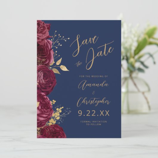 Burgundy Gold Floral Script Navy Save the Date 案内状 (スタンド正面)