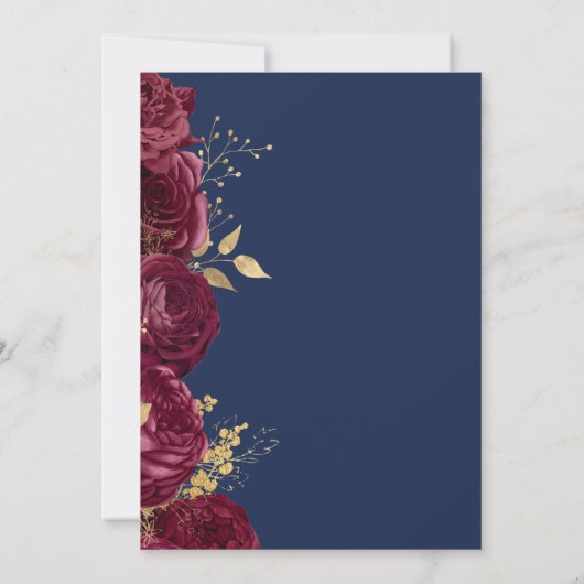 Burgundy Gold Floral Script Navy Save the Date 案内状 (裏面)