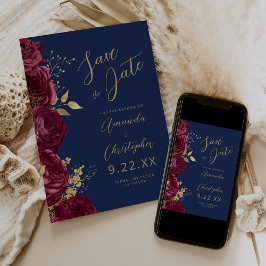 Burgundy Gold Floral Script Navy Save the Date 案内状