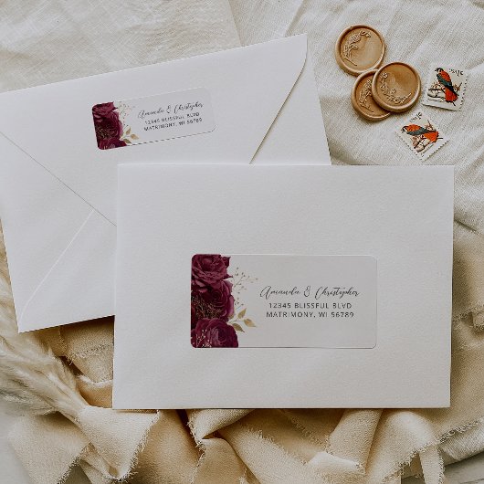 Burgundy Gold Floral Script Wedding Return Address ラベル