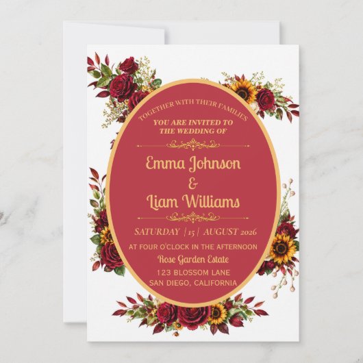 Burgundy Gold Floral Wedding Invitation 招待状 (正面)