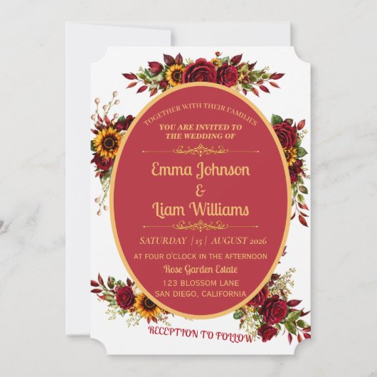 Burgundy Gold Floral Wedding Invitation 招待状 (正面)