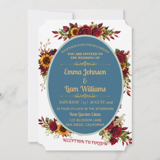Burgundy Gold Floral Wedding Invitation 招待状 (正面)