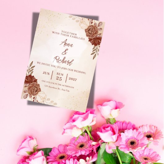 Burgundy & Gold Floral Wedding Invitation 招待状
