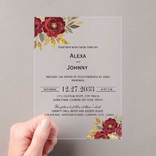 Burgundy Gold Florals Minimalist Elegant Modern アクリル招待状 (インサイチュ (ポータブル))
