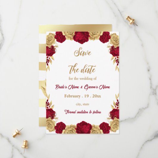 burgundy & gold flowers botanical wedding セーブザデート (正面/裏面インサイチュ)