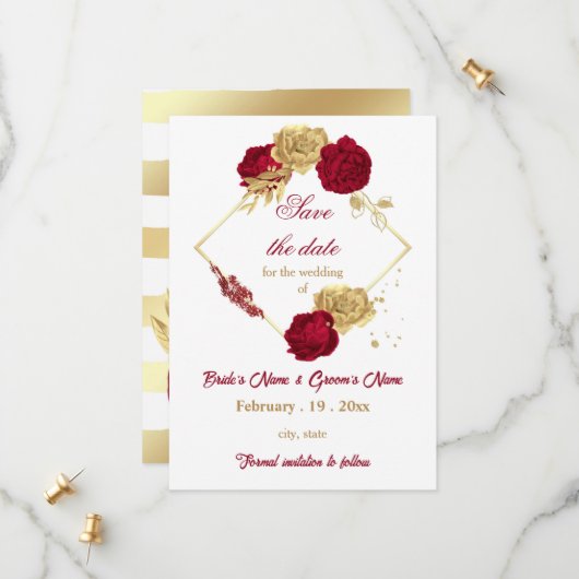 burgundy & gold flowers botanical wreath wedding セーブザデート (正面/裏面インサイチュ)