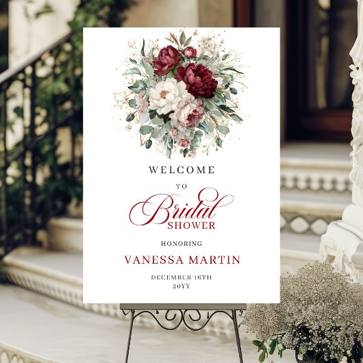 Burgundy Gold Flowers Bridal Shower Welcome ポスター