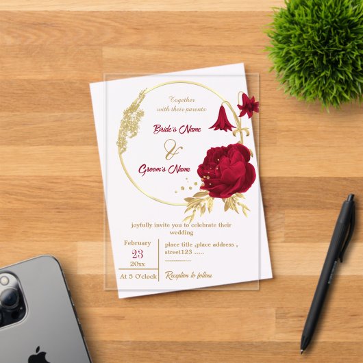 burgundy & gold flowers elegant wreath wedding アクリル招待状 (インサイチュ (招待状))