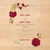 burgundy & gold flowers elegant wreath wedding アクリル招待状 (正面)