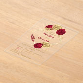 burgundy & gold flowers elegant wreath wedding アクリル招待状 (レイダウン)