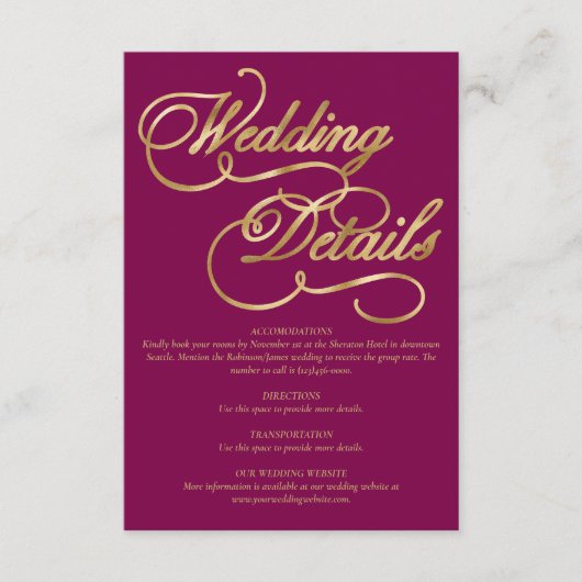 Burgundy & Gold Foil Calligraphy Formal Wedding エンクロージャーカード (正面)