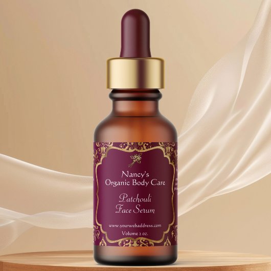 Burgundy & gold foil damask dropper bottle label ラベル