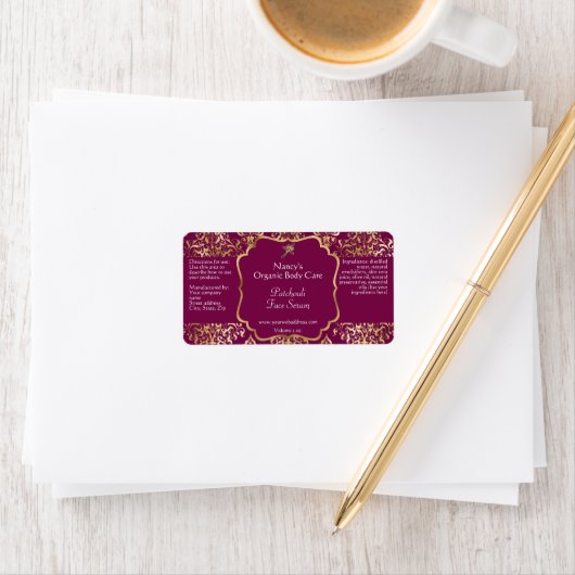 Burgundy & gold foil damask dropper bottle label ラベル (インサイチュ)