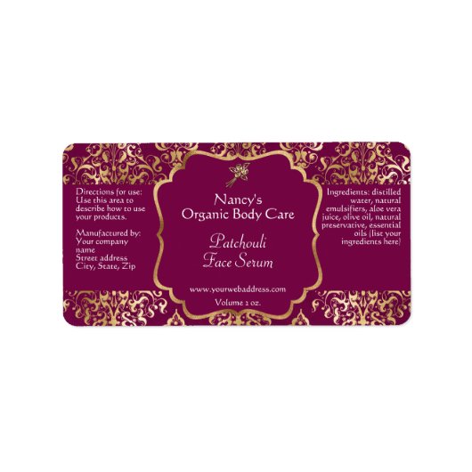 Burgundy & gold foil damask dropper bottle label ラベル (正面)