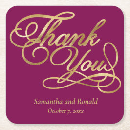 Burgundy & Gold Foil Thank You Calligraphy Wedding スクエアペーパーコースター