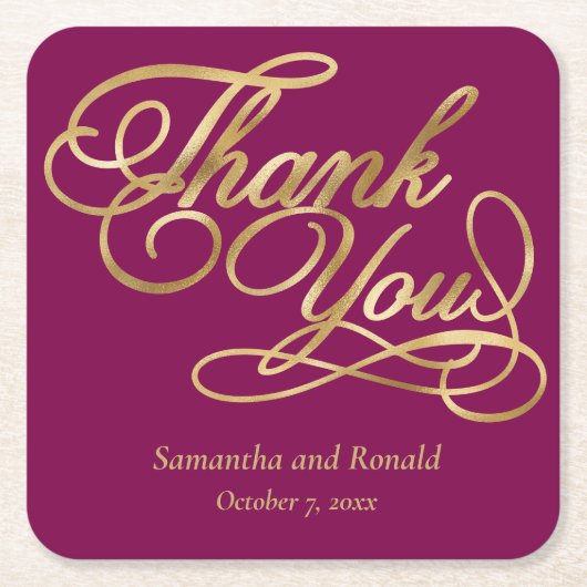 Burgundy & Gold Foil Thank You Calligraphy Wedding スクエアペーパーコースター (正面)