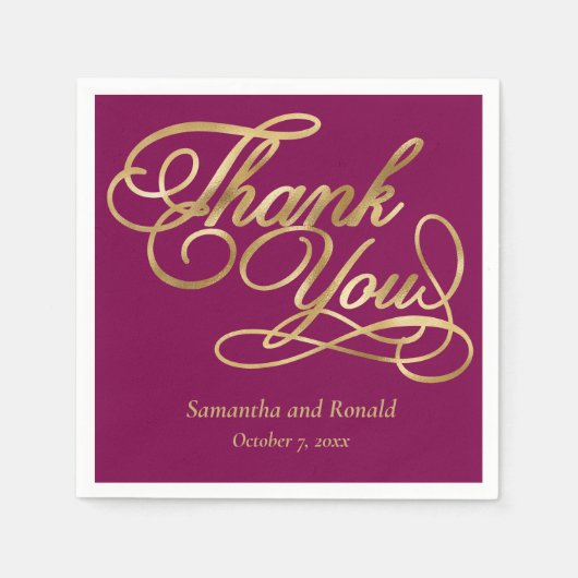 Burgundy & Gold Foil Thank You Calligraphy Wedding スタンダードカクテルナプキン (正面)