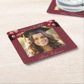 Burgundy Gold Glitter Graduation Party Photo スクエアペーパーコースター (アングル)