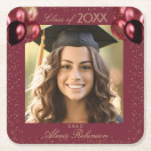 Burgundy Gold Glitter Graduation Party Photo スクエアペーパーコースター (正面)