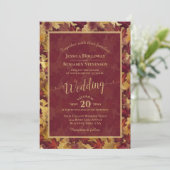Burgundy & Gold Leaves Calligraphy QR Code Wedding 招待状 (スタンド正面)