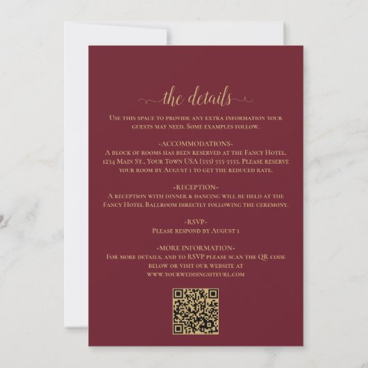 Burgundy & Gold Leaves Calligraphy QR Code Wedding 招待状 (裏面)