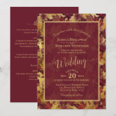Burgundy & Gold Leaves Calligraphy QR Code Wedding 招待状 (正面/裏面)