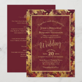 Burgundy & Gold Leaves Calligraphy QR Code Wedding 招待状