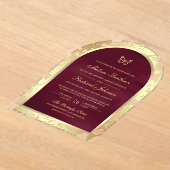 Burgundy Gold Line Art Arch Butterfly Wedding アクリル招待状 (レイダウン)