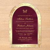 Burgundy Gold Line Art Arch Butterfly Wedding アクリル招待状 (正面)