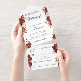 Burgundy Gold Minimalis Elegant Wedding Invitation オールインワン招待状