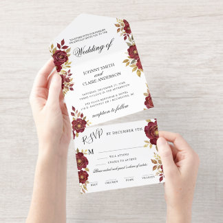 Burgundy Gold Minimalis Elegant Wedding Invitation オールインワン招待状
