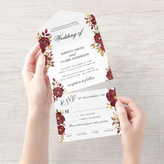 Burgundy Gold Minimalis Elegant Wedding Invitation オールインワン招待状 (切り取り部)