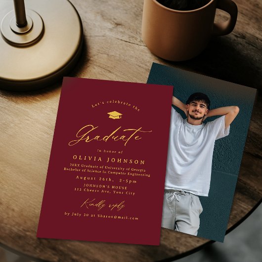 Burgundy Gold Modern Calligraphy Photo Graduation 招待状