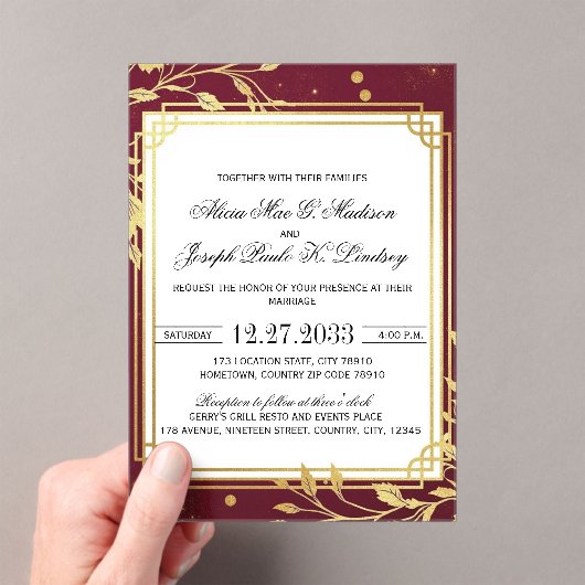 Burgundy Gold Modern Elegant Wedding Invitation アクリル招待状 (インサイチュ (ポータブル))