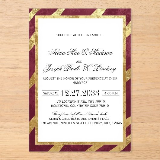 Burgundy Gold Modern Elegant Wedding Invitation アクリル招待状 (正面)