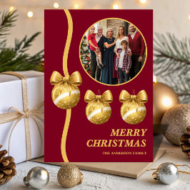 Burgundy & Gold Ornaments Family Christmas Photo シーズンカード