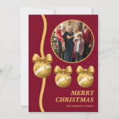 Burgundy & Gold Ornaments Family Christmas Photo シーズンカード (正面)