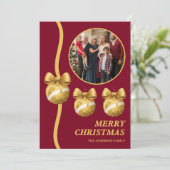 Burgundy & Gold Ornaments Family Christmas Photo シーズンカード (スタンド正面)