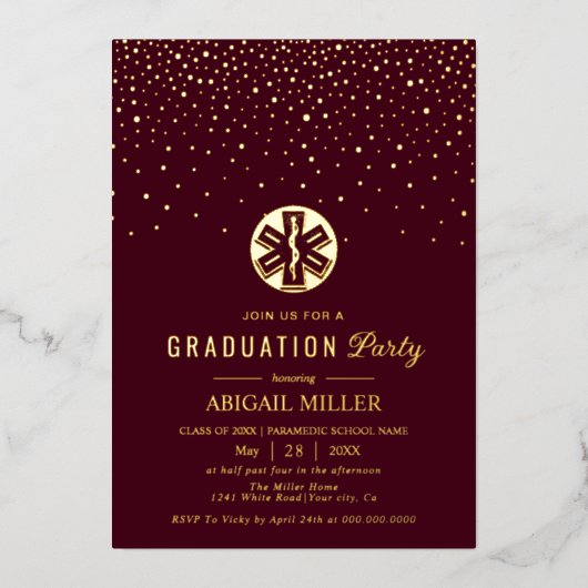 Burgundy, gold paramedic Class Of 2026 graduation 箔招待状 (正面)