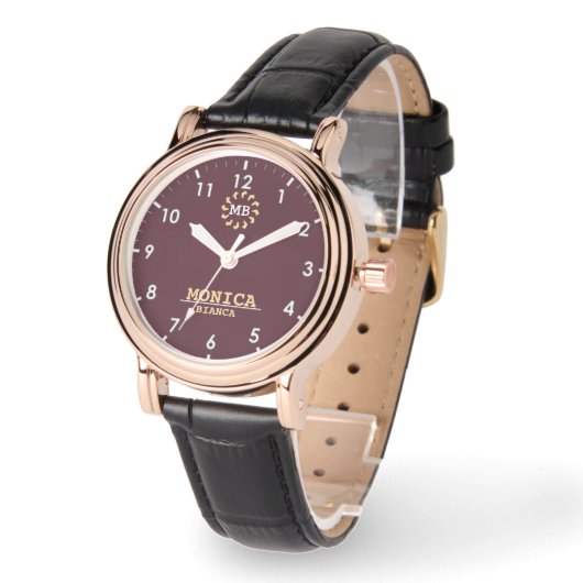 Burgundy Gold Personalized Custom Monogram Elegant 腕時計 (傾斜)