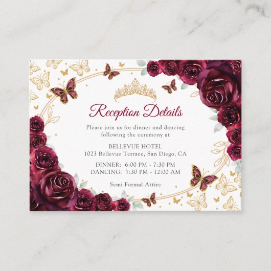 Burgundy Gold Quinceanera Reception Details エンクロージャーカード (正面)