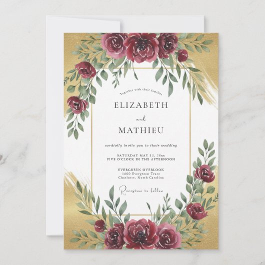 Burgundy Gold Refined Autumn Wedding 招待状 (正面)