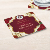 Burgundy & Gold Rose Quinceañera Paper Coaster スクエアペーパーコースター (アングル)