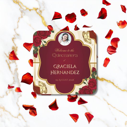 Burgundy & Gold Rose Quinceañera Paper Coaster スクエアペーパーコースター