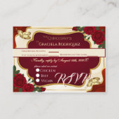 Burgundy & Gold Rose Quinceañera RSVP Card エンクロージャーカード (正面)